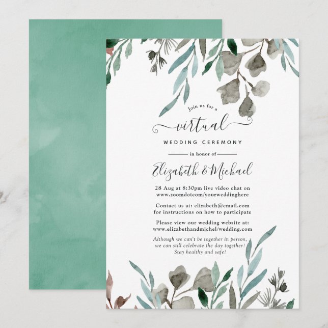 Invitation Rustic Green Winter en ligne Mariage virtuel (Devant / Derrière)