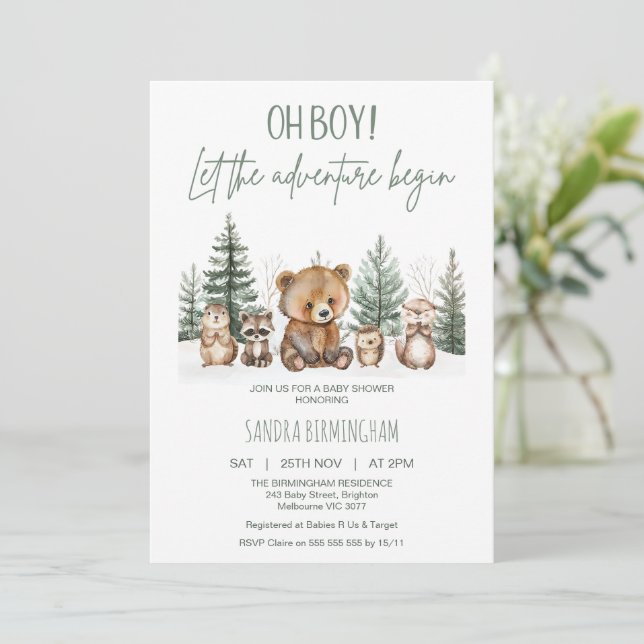 Invitation Rustic Green Woodland Adventure Begin Baby Shower (Debout devant)
