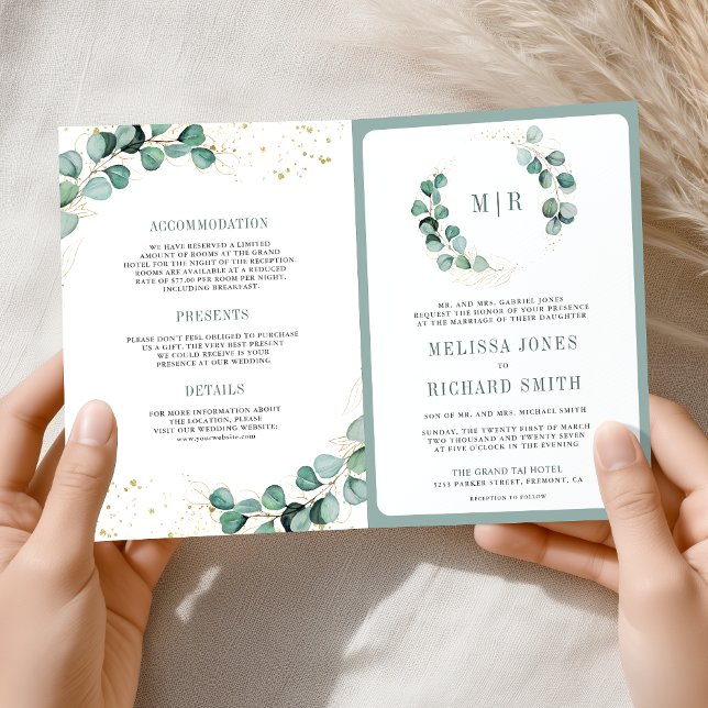 Invitation Rustic Greenery Gold Eucalyptus QR Code Wedding  (Créateur téléchargé)