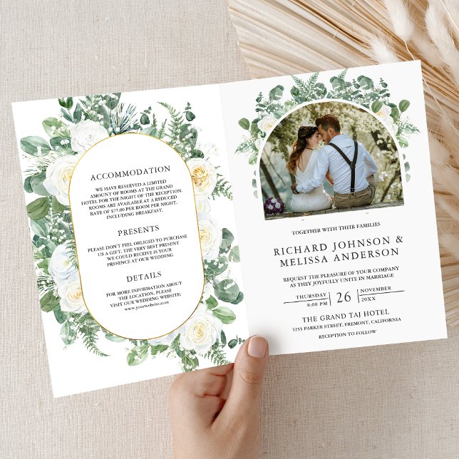 Invitation Rustic Greenery Ivory Floral Photo QR Code Wedding (Créateur téléchargé)