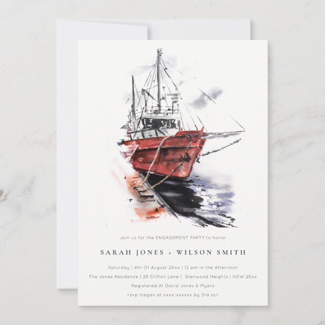 Invitation Rustic Harbour Yacht Sailboat Fiançailles aquarell (Devant)