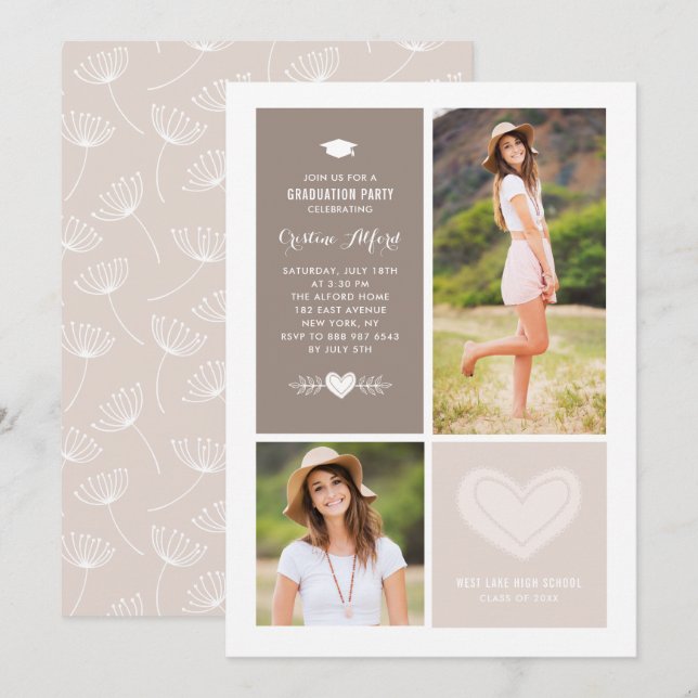 Invitation Rustic Heart Doodles Photo Collage Graduation (Devant / Derrière)