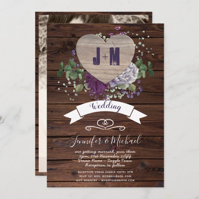 Invitation Rustic Heart PHOTO Mariage Inviter Floral (Devant / Derrière)