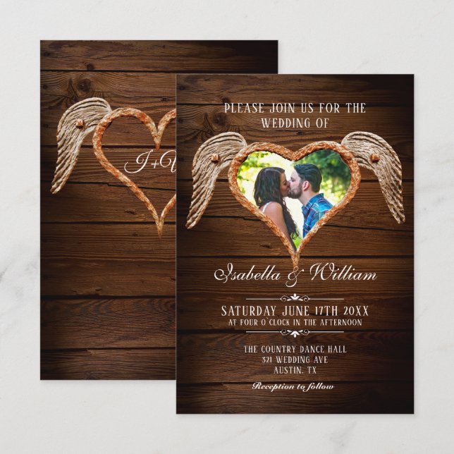 Invitation Rustic Heart Wood Photo Pays Mariage de la grange (Devant / Derrière)