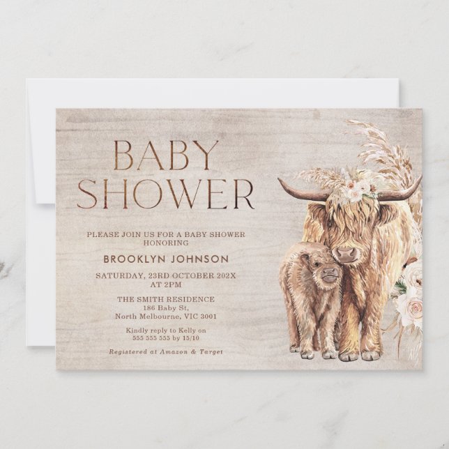 Invitation Rustic Highland Cow Baby shower de la vache Invita (Devant)