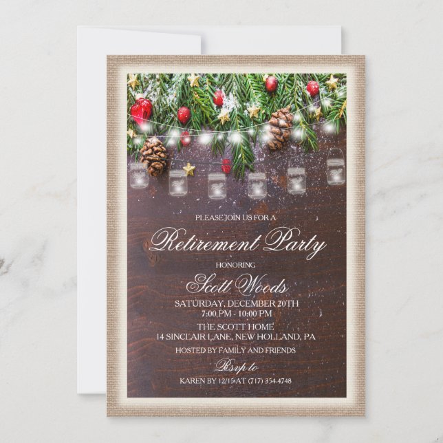 Invitation Rustic Holiday Retirement Party (Devant)
