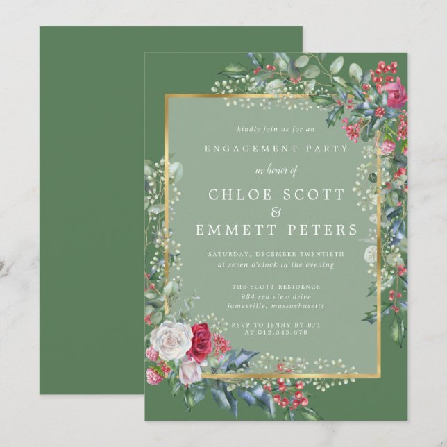 Invitation Rustic Holly Berries (Devant / Derrière)