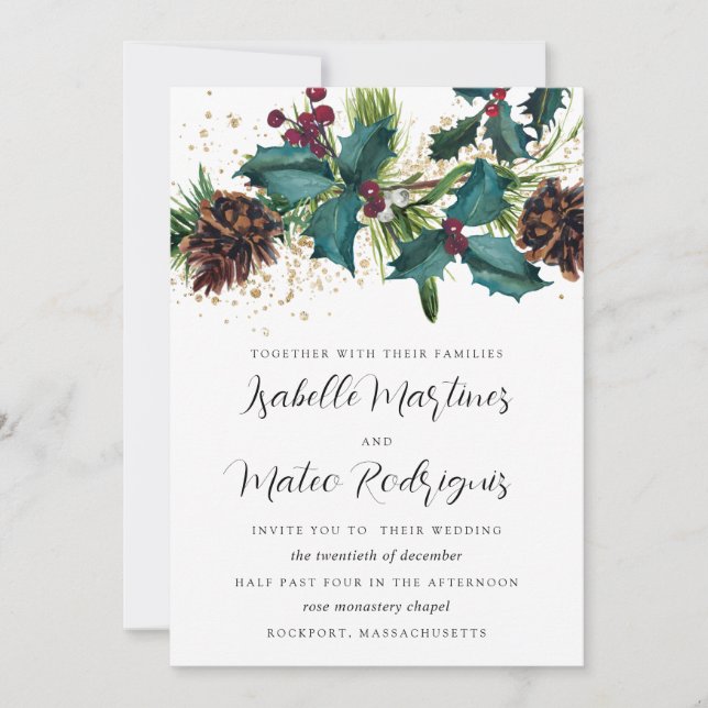 Invitation Rustic Holly et Berries Mariage botanique d'hiver (Devant)