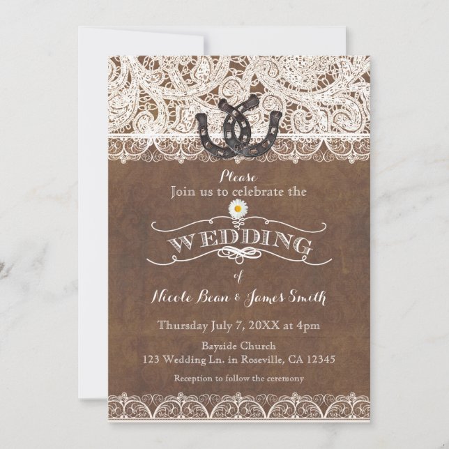 Invitation Rustic Horseshoes & Lace Country Western MARIAGE (Devant)