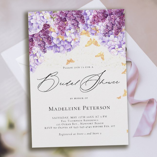 Invitation Rustic Hydrangea Lilac Butterfly Bridal Shower (bridal shower invitation hydrangea lilac butterflies boho romantic purple gold pink)