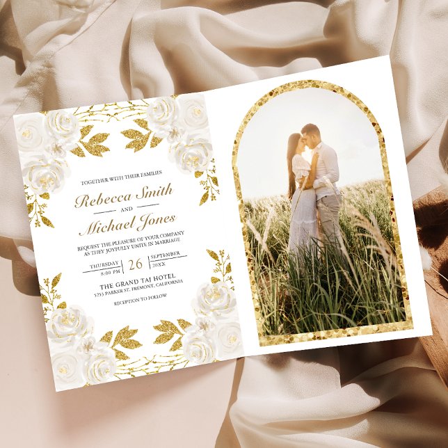 Invitation Rustic Ivory Floral Gold Glitter QR Code Wedding (Créateur téléchargé)