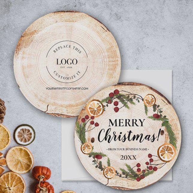 Invitation Rustic Joyeux feuillage de Noël logo d'entreprise (Unique round corporate rustic holiday card with logo, business name and year.)