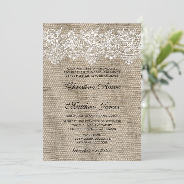Invitation Rustic Jute et Mariage de dentelle (Debout devant)