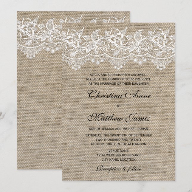 Invitation Rustic Jute et Mariage de dentelle (Devant / Derrière)