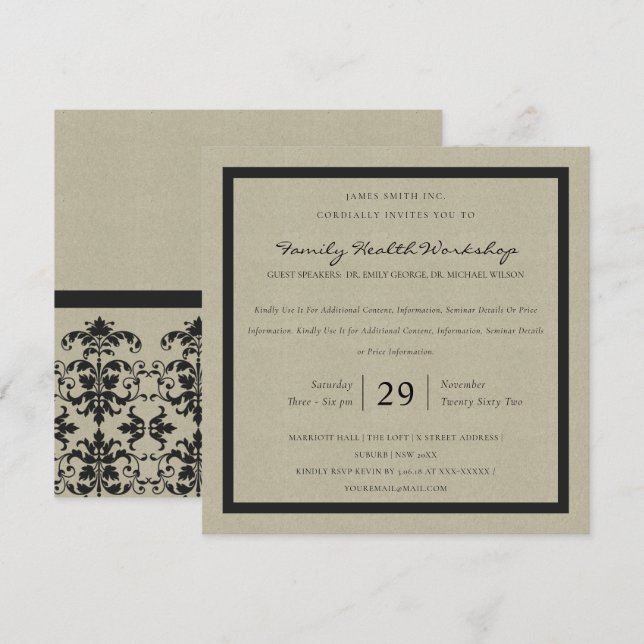 INVITATION RUSTIC KRAFT BLACK DAMASK ÉVÉNEMENT CLASSIQUE D'AT (Devant / Derrière)