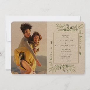 Invitation Rustic Kraft Botanical Greenery Photos Mariage