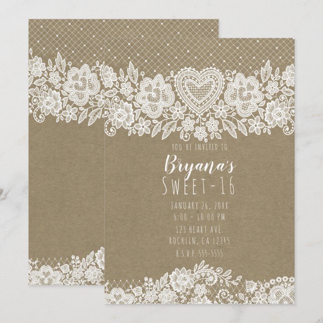 Invitation Rustic Kraft  Dentelle Farmhouse 16e Anniversaire (Devant / Derrière)