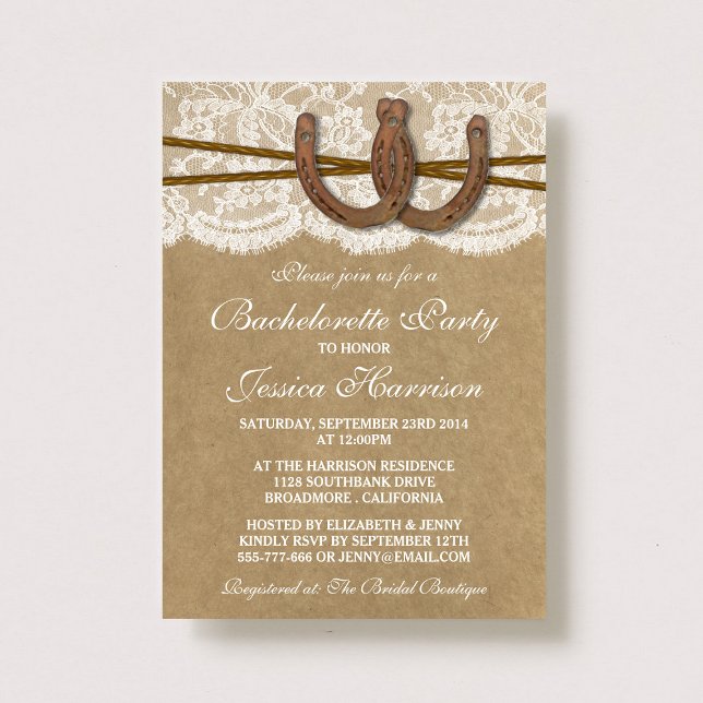 Invitation Rustic Kraft & Lace Horseshoe Bachelorette Party (Créateur téléchargé)