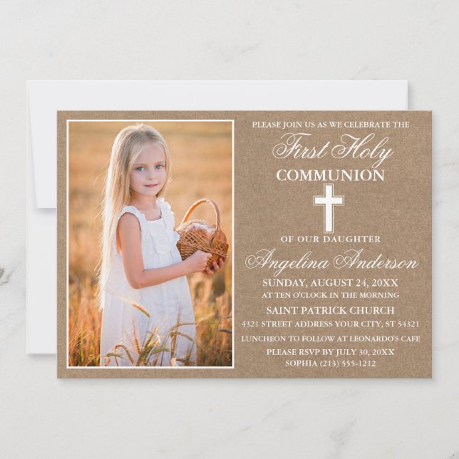 Invitation Rustic Kraft Première Sainte Communion Photo (Devant)