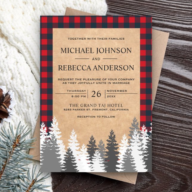 Invitation Rustic Kraft Rouge Plaid Épinette Blanche Mariage (Créateur téléchargé)