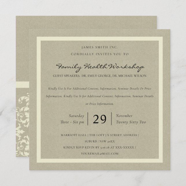 INVITATION RUSTIC KRAFT WHITE DAMASK CLASSIQUE ATELIER ÉVÉNEM (Devant / Derrière)