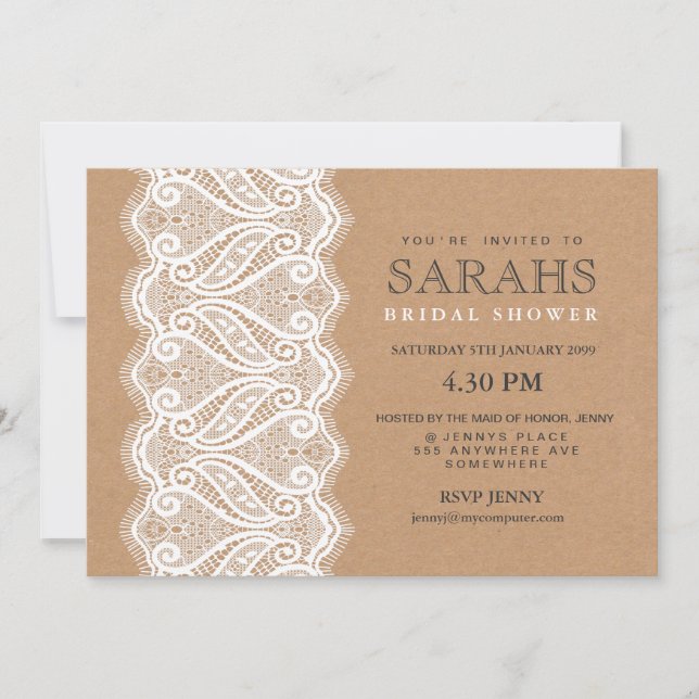 Invitation Rustic Lace & Kraft Fête des mariées Party Invitat (Devant)