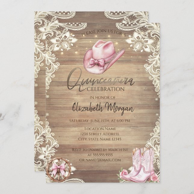 Invitation Rustic Lace,Lights Cowgirl Boots Hat Quinceañera (Devant / Derrière)