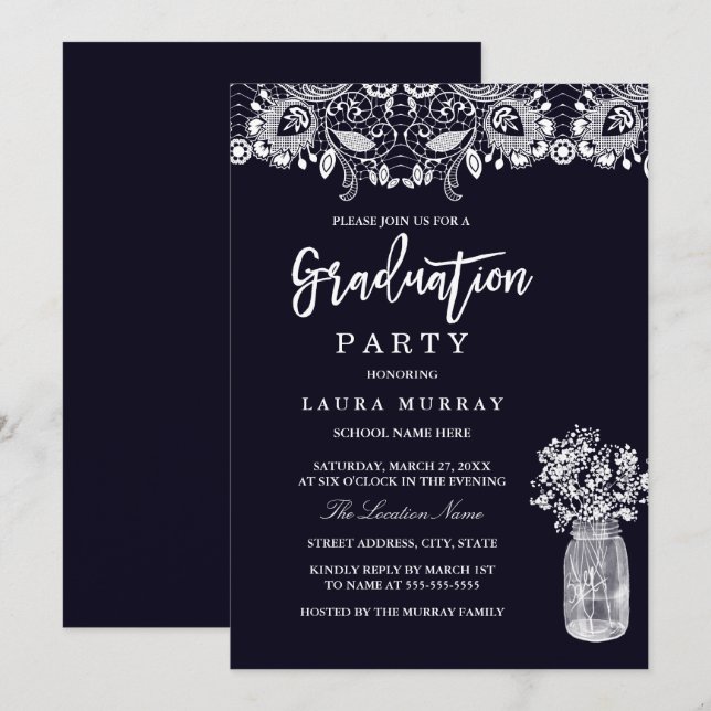 Invitation Rustic Lace Mason Jar Parti de Graduation Marine (Devant / Derrière)