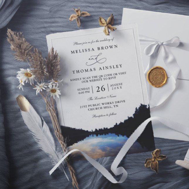 Invitation Rustic Lake Reflections Lakeside QR Code Wedding (Créateur téléchargé)