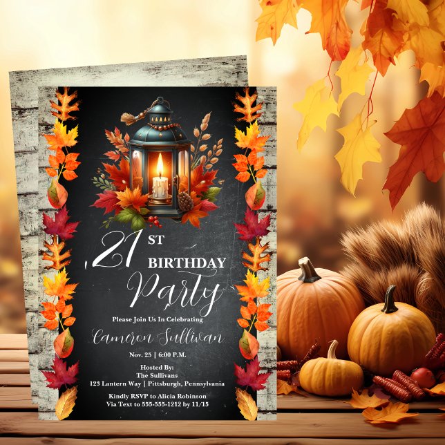 Invitation Rustic Lantern et Feuille Automne 21ème fête d'ann (Candlelit Lantern and Fall | Autumn Leaves 21st Birthday Party Celebration Invitation)