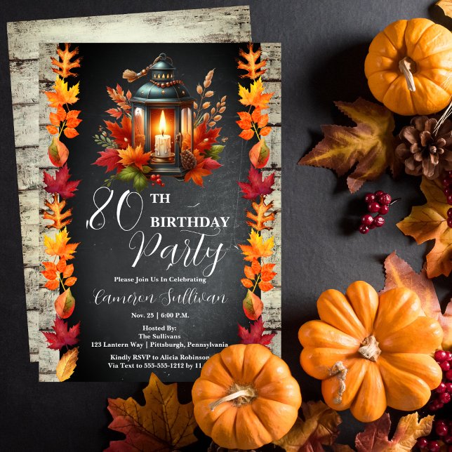Invitation Rustic Lantern et Feuille Automne 80e fête d'anniv (Candlelit Lantern and Fall | Autumn Leaves 80th Birthday Party Celebration Invitation)