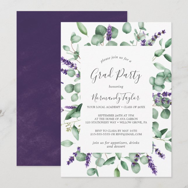 Invitation Rustic Lavender et Eucalyptus Graduation Party (Devant / Derrière)