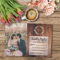 Rustic leaves on wood monogram photo Wedding RSVP