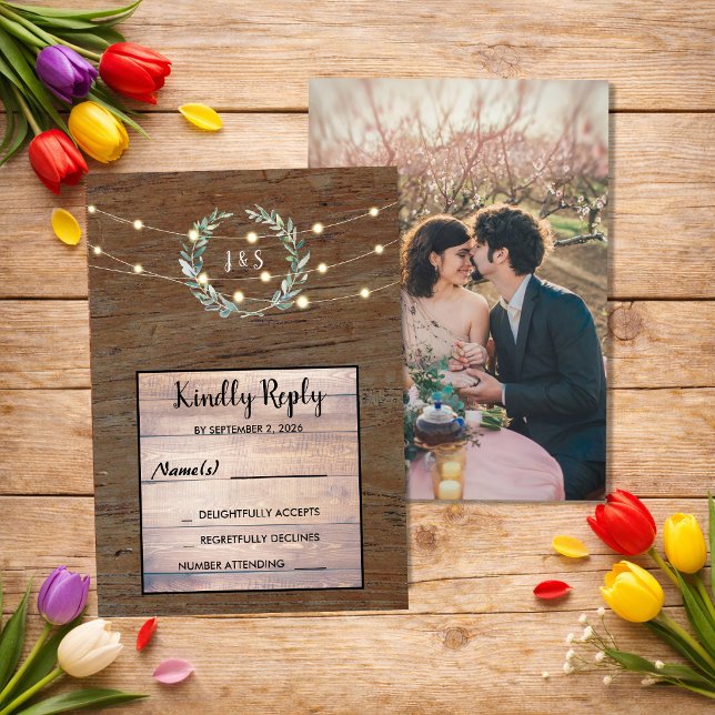 Invitation Rustic leaves wood string lights Wedding RSVP  (Rustic leaves on wood string of lights Wedding RSVP Invitation. For your rustic country wedding.)
