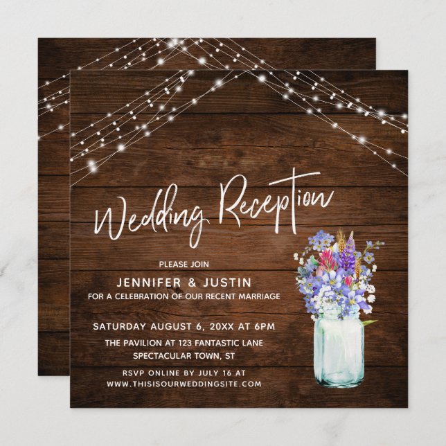 Invitation Rustic Lights Fleurs sauvages en Jar Mariage Récep (Devant / Derrière)