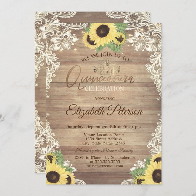 Invitation Rustic Lights,Tiara,Lace Sunflowers Quinceañera (Devant / Derrière)