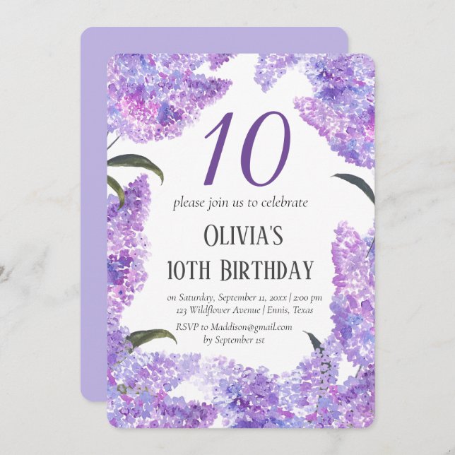 Invitation Rustic Lilac 10e anniversaire Fleur sauvage Annive (Devant / Derrière)