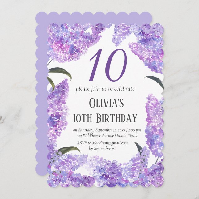 Invitation Rustic Lilac 10e anniversaire Fleur sauvage Annive (Devant / Derrière)