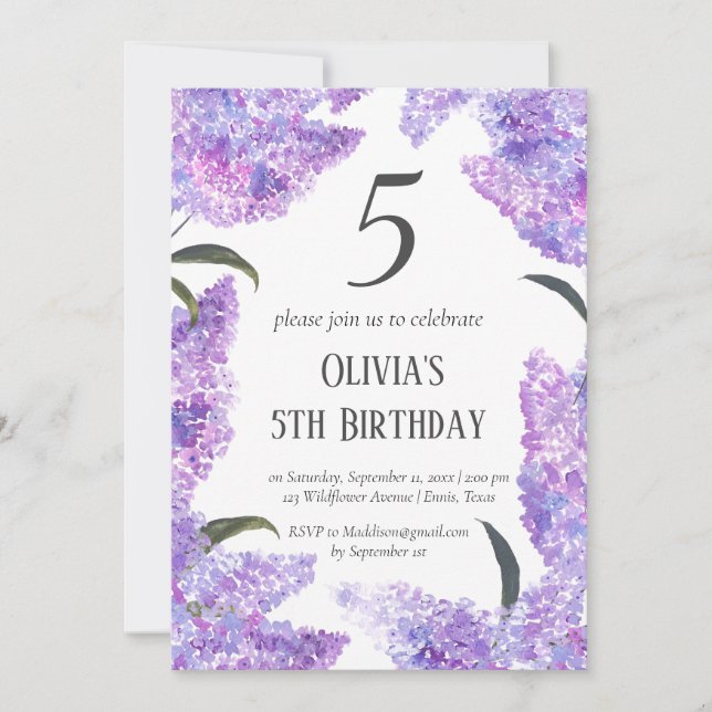 Invitation Rustic Lilac 5e anniversaire Fleur sauvage Anniver (Devant)