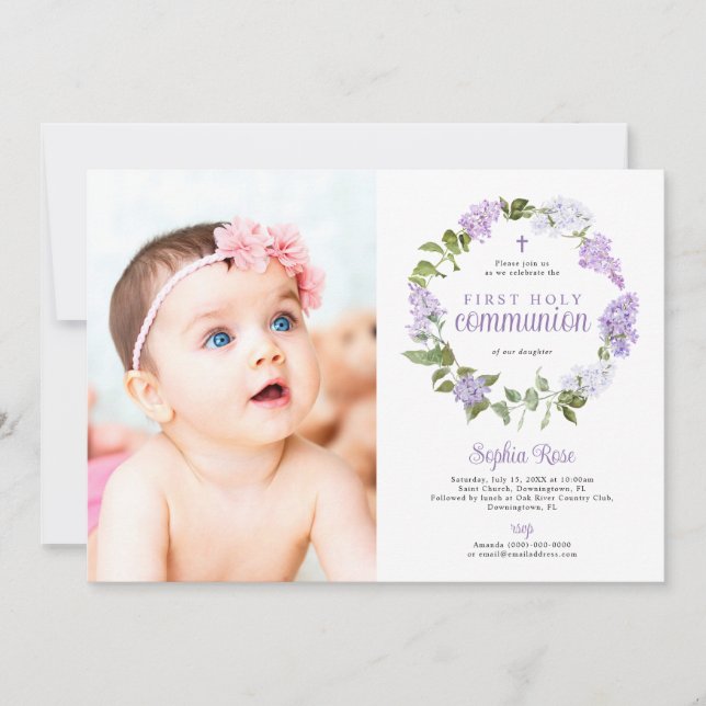 Invitation Rustic Lilac Flowers Photo First Holy Communion (Devant)