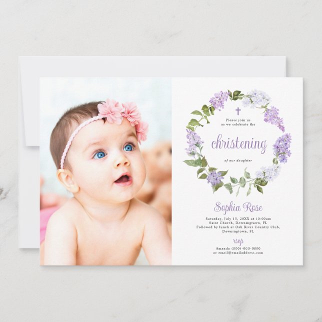 Invitation Rustic Lilac Flowers Photo Girl Christening (Devant)