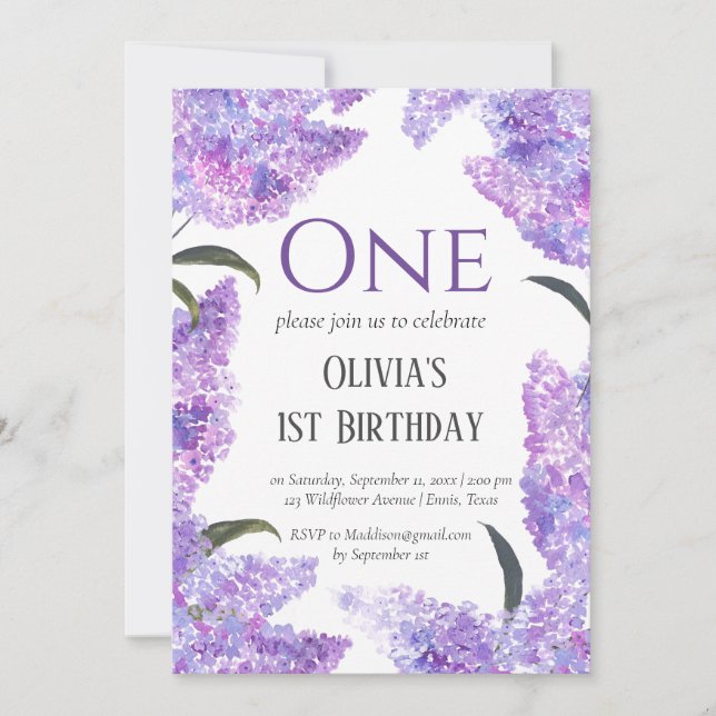 Invitation Rustic Lilac Premier anniversaire Fleur sauvage An (Devant)