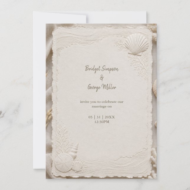 Invitation Rustic Linen Coastal Wedding Seashells (Devant)