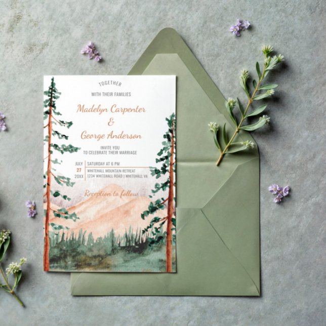 Invitation Rustic Luxe Mountains Arbres Mariage paysager | (Créateur téléchargé)