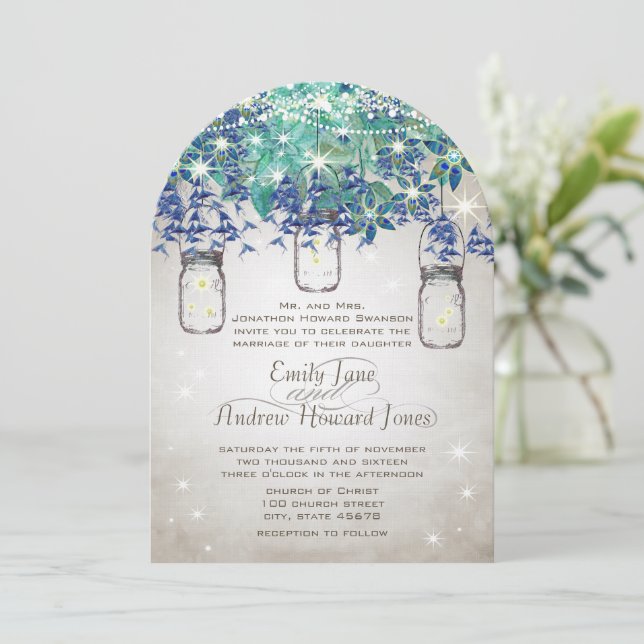 Invitation Rustic Luxe Navy et Turquoise Mason Jar (Debout devant)