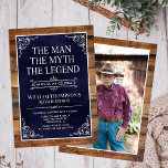 Invitation Rustic Man Myth Legend Photo 80th Birthday<br><div class="desc">C'Est L'Homme Le Mythe La LÉGENDE ! Sa vie a été une aventure extraordinaire et il est temps de célébrer son héritage et lui. Ce papier bleu marine texturé à base de bois rustique avec un type blanc et des coins rayés blancs 80e invitation anniversaire est parfait pour inviter des...</div>