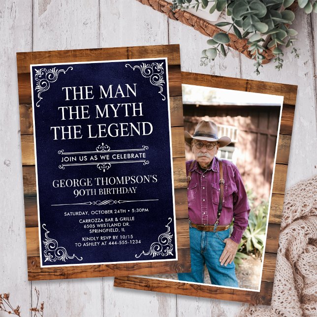 Invitation Rustic Man Myth Legend Photo 90th Birthday (Créateur téléchargé)