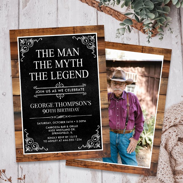 Invitation Rustic Man Myth Legend Photo 90th Birthday (Créateur téléchargé)