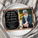 Invitation Rustic Man Myth Légende Black 80th Birthday Photo<br><div class="desc">C'Est L'Homme Le Mythe La LÉGENDE ! Sa vie a été une aventure extraordinaire et il est temps de célébrer son héritage et lui. Cette grange naturelle papier noir texturé avec type blanc et blanc scrolled coin 80e anniversaire invitation avec l'invité de la photo d'honneur est parfait pour inviter des...</div>