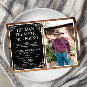 Invitation Rustic Man Myth Légende Black 90th Birthday Photo